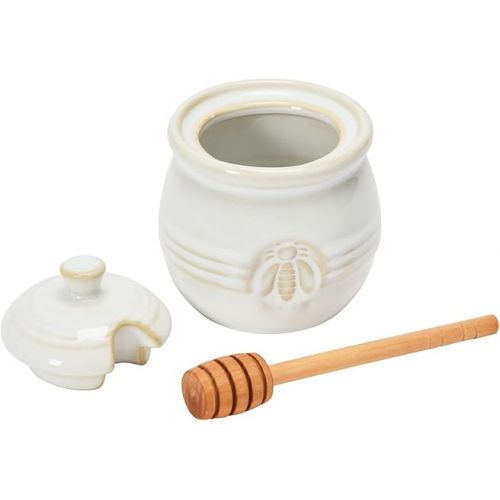  Creative Co-Op Farmhouse Embossed Stoneware Honey Pot with Wood Honey Dipper, White