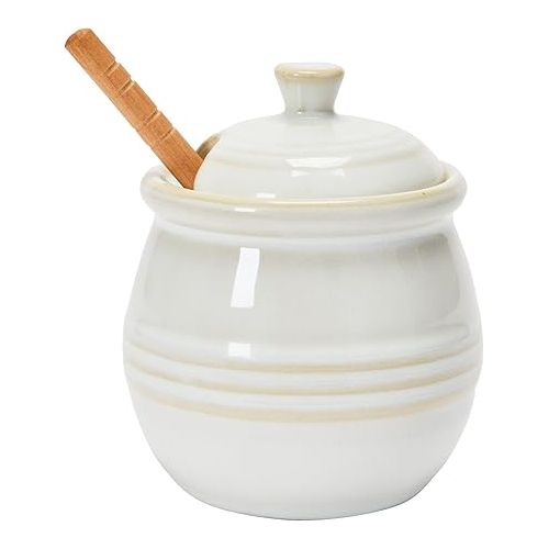  Creative Co-Op Farmhouse Embossed Stoneware Honey Pot with Wood Honey Dipper, White