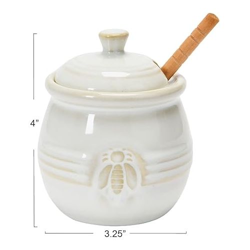  Creative Co-Op Farmhouse Embossed Stoneware Honey Pot with Wood Honey Dipper, White