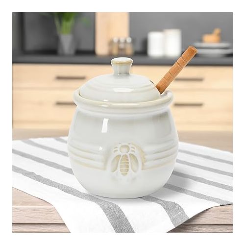  Creative Co-Op Farmhouse Embossed Stoneware Honey Pot with Wood Honey Dipper, White
