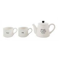 Creative Co-op You Me and A Cuppa Tea White Stoneware Teapot and Mugs 3-piece Set
