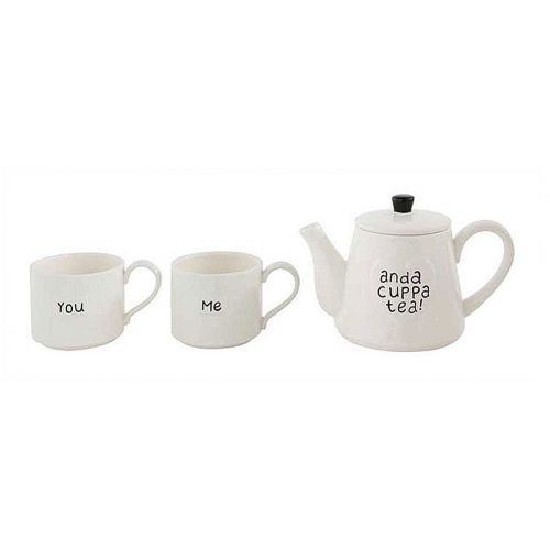  Creative Co-op You Me and A Cuppa Tea White Stoneware Teapot and Mugs 3-piece Set