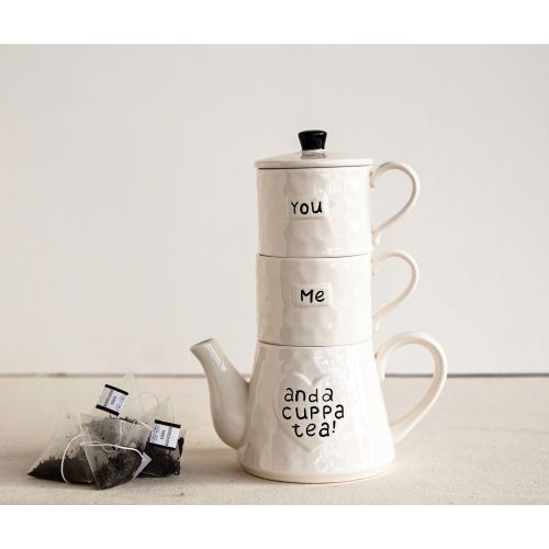  Creative Co-op You Me and A Cuppa Tea White Stoneware Teapot and Mugs 3-piece Set