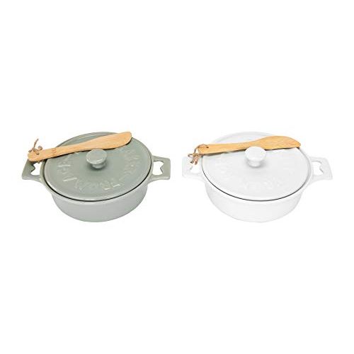  Creative Co-Op DA2320SET Stoneware Brie Bakers with Lids & Wood Spreaders, 7 Round, Set of 2 Colors