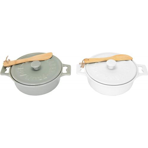  Creative Co-Op DA2320SET Stoneware Brie Bakers with Lids & Wood Spreaders, 7 Round, Set of 2 Colors