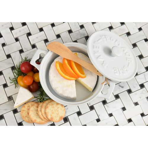  Creative Co-Op DA2320SET Stoneware Brie Bakers with Lids & Wood Spreaders, 7 Round, Set of 2 Colors