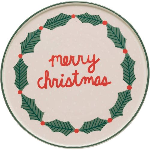  Creative Co-op Merry Christmas & Holly Stoneware Cake Pedestal, Multicolor