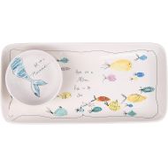 Creative Co-Op Rectangle Stoneware Plate with Fish Images and Matching Bowl