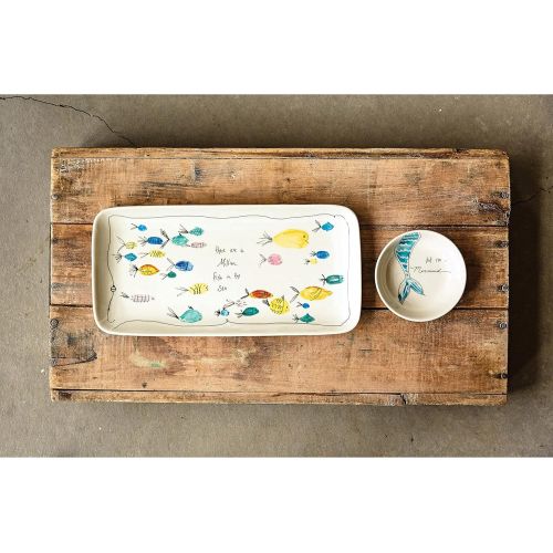  Creative Co-Op Rectangle Stoneware Plate with Fish Images and Matching Bowl