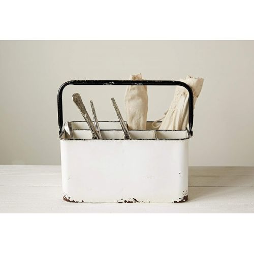  Creative Co-Op Distressed Metal Caddy Enamel Finish with Black Rim and 6 Compartments, 11 L x 6-1/4 W x 9 H, White