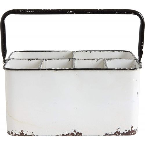  Creative Co-Op Distressed Metal Caddy Enamel Finish with Black Rim and 6 Compartments, 11 L x 6-1/4 W x 9 H, White