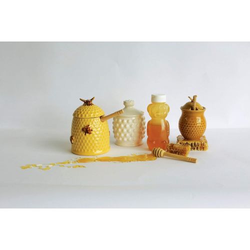  Creative Co-op Ceramic Hobnail Style Honey Jar with Lid & Wood Dipper (Set of 2 Pieces), White