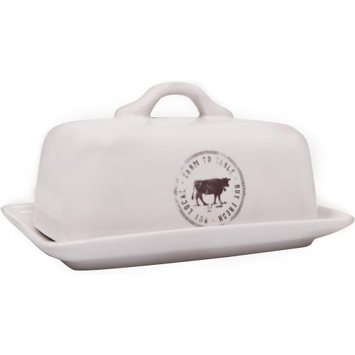  Creative Co-op Stoneware Butter Dish with Cow Decal, 6.75 L, White