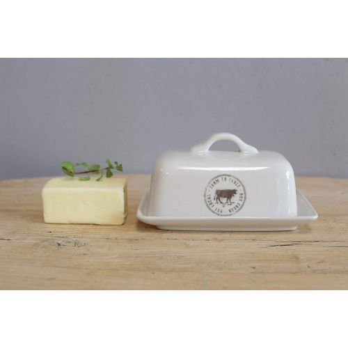  Creative Co-op Stoneware Butter Dish with Cow Decal, 6.75 L, White