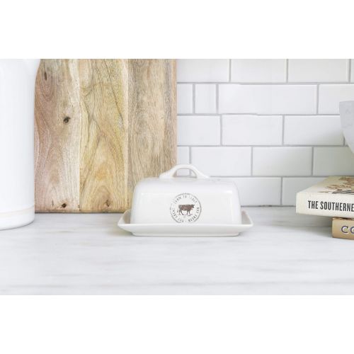  Creative Co-op Stoneware Butter Dish with Cow Decal, 6.75 L, White