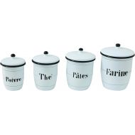 Creative Co-Op Enameled White Canisters with French Writing & Black Rims (Set of 4 Sizes)