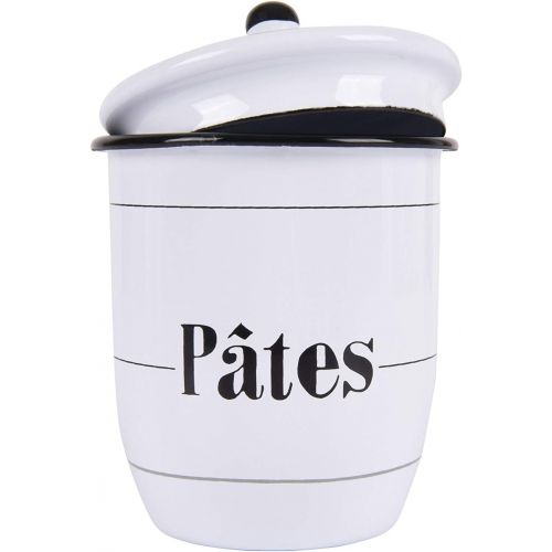  Creative Co-Op Enameled White Canisters with French Writing & Black Rims (Set of 4 Sizes)