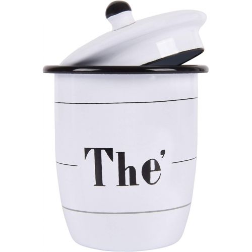  Creative Co-Op Enameled White Canisters with French Writing & Black Rims (Set of 4 Sizes)