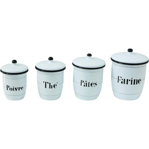  Creative Co-Op Enameled White Canisters with French Writing & Black Rims (Set of 4 Sizes)