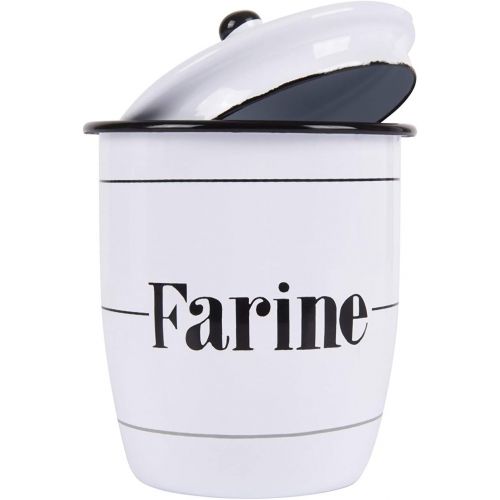  Creative Co-Op Enameled White Canisters with French Writing & Black Rims (Set of 4 Sizes)