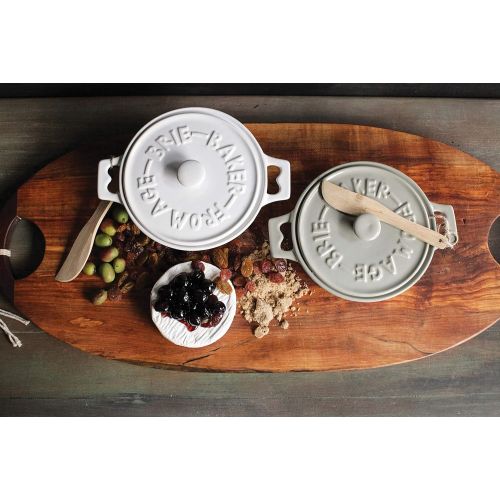  Creative Co-Op Stoneware Brie Bakers with Lids & Wood Spreaders, 7 Round, Set of 2 Colors