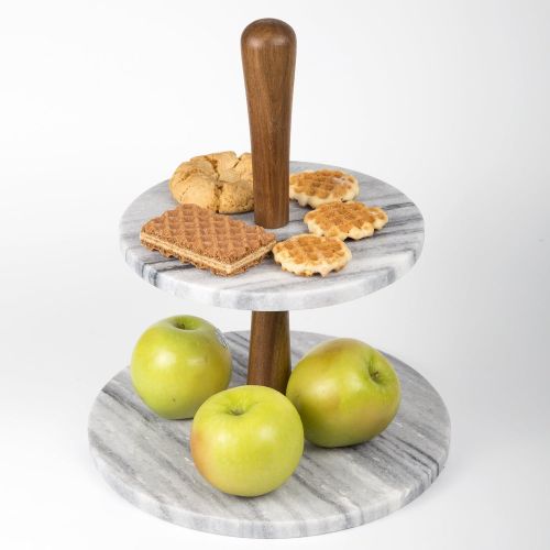  Creative Home Natural Marble Stone and Acacia Wood 2-Tier Cake Stand Dessert Fruit Plate Pastry Server, 10 Diam. x 11-3/4 H, Gray (Off-White)