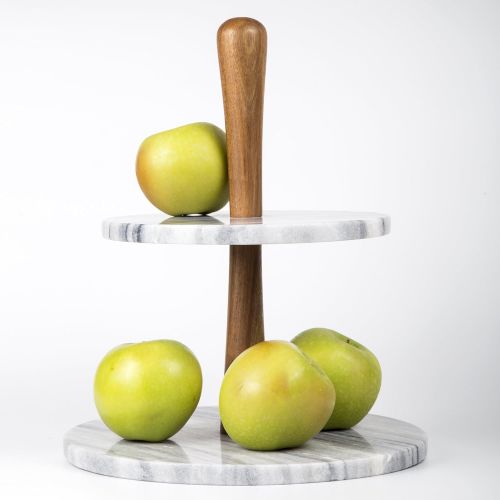  Creative Home Natural Marble Stone and Acacia Wood 2-Tier Cake Stand Dessert Fruit Plate Pastry Server, 10 Diam. x 11-3/4 H, Gray (Off-White)