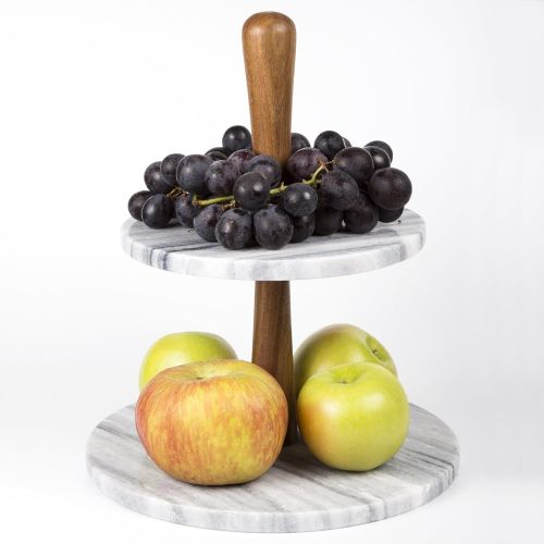  Creative Home Natural Marble Stone and Acacia Wood 2-Tier Cake Stand Dessert Fruit Plate Pastry Server, 10 Diam. x 11-3/4 H, Gray (Off-White)