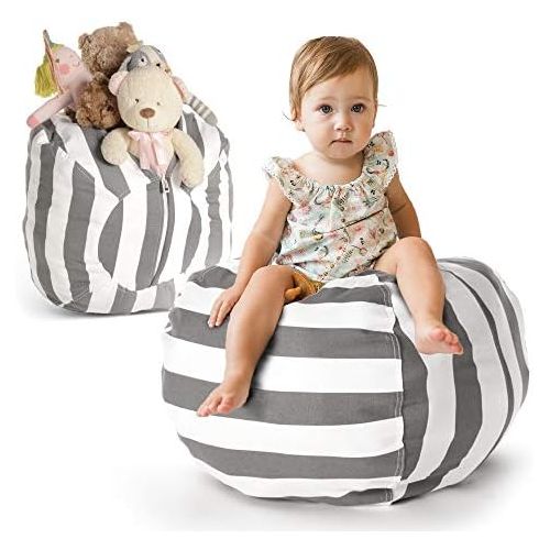  [아마존베스트]Creative QT Stuffed Animal Storage Bean Bag Chair - Standard Stuff n Sit Organization for Kids Toy Storage - Available in a Variety of Sizes and Colors (27, Grey/White Striped)