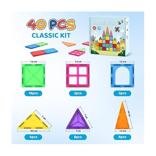  Crenova Magnetic Tiles, 40 PCS Magnet Toys for Kids, Magnetic Blocks 3D Building Blocks Construction Preschool Educational Toys for 3+ Year Old Boys and Girls