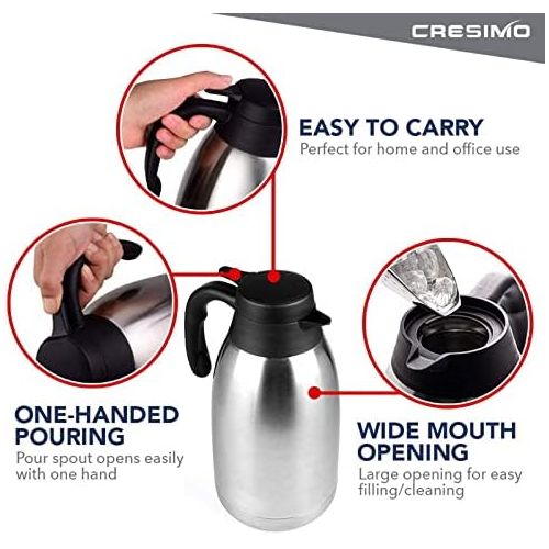  Cresimo 2 Liter Edelstahl Thermoskanne, Teekanne, Kaffeekanne, und Isolierkanne mit 12 Stunden Warmespeicherung  doppelwandige Vakuum Tee und Kaffee Thermokanne  2L Isolier Kanne von Cre