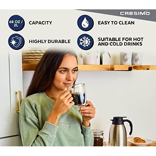  Cresimo 2 Liter Edelstahl Thermoskanne, Teekanne, Kaffeekanne, und Isolierkanne mit 12 Stunden Warmespeicherung  doppelwandige Vakuum Tee und Kaffee Thermokanne  2L Isolier Kanne von Cre