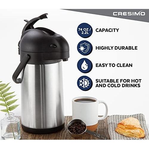  Cresimo 2.2 Litre Pumpkanne, Edelstahl Thermoskanne und Pumpthermoskanne mit 12 Stunden Warmespeicherung - Druckknopf Thermosflasche, Isolierflasche und Thermo Flasche - 2.2L Airpot