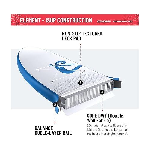 크레시 Cressi Inflatable Stand Up Paddle Board Set - Pump, Paddle, Backpack, included - Double Wall Construction - Different Sizes - Up to 264 lb Load - Element: Designed in Italy by Cressi