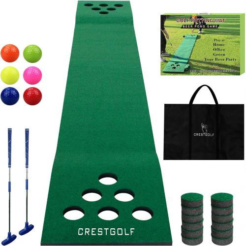  [아마존베스트]Crestgolf Golf Beer Pong Game Set Green Mat,Golf Putting Mat with 2 Putters, 6 Golf Balls,12 Golf Hole Covers for Indoor&Outdoor Short Game Office Party Backyard Use