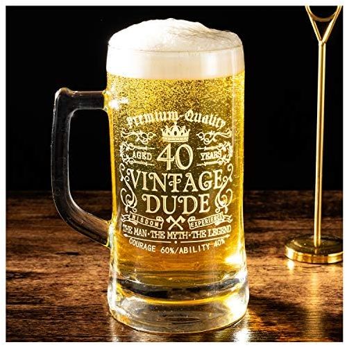  [아마존베스트]Crisky 40th Birthday Vintage Dude Beer Mug for Men 40 Years Old Gift 21 oz Birthday Beer Glass for Him, Husband, Father, Brother Friends Uncle Coworker, Large Capacity Beer Mug Gif