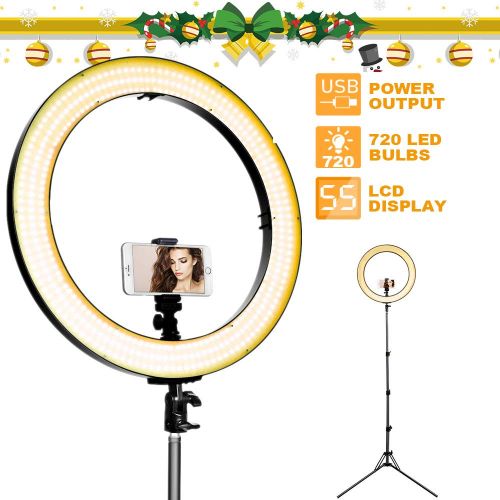  CroLED Upgraded 18inch LED Ring Light for iPhone Camera w 78 Stand, 720 LED 3200-5600K WarmWhite Digital Display Video Light, Camera Phone Holder & Carrying Case, USB Power Output, for