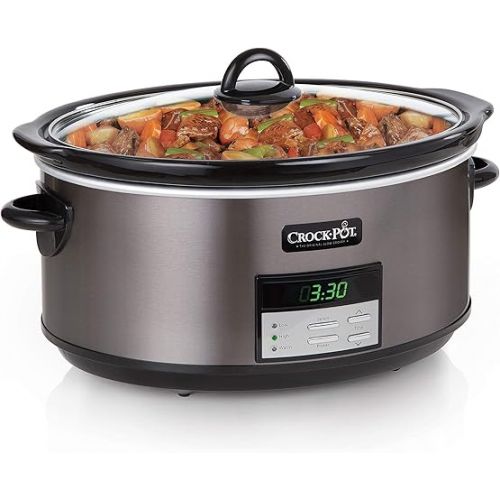 크록팟 Crock-Pot Large 8-Quart Programmable Slow Cooker with Auto Warm Setting, Black Stainless Steel, Includes Cookbook (Pack of 1)