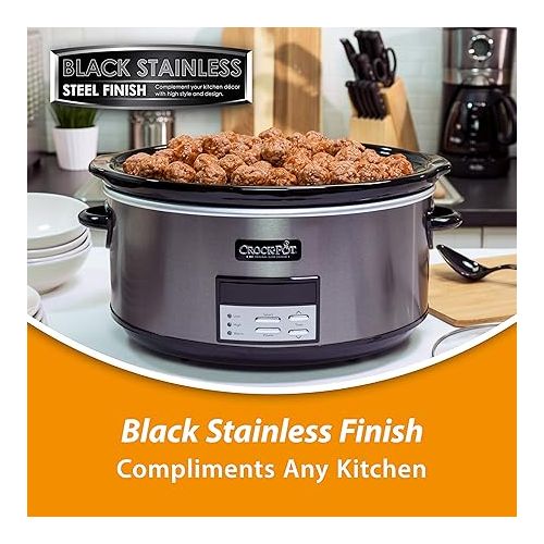 크록팟 Crock-Pot Large 8-Quart Programmable Slow Cooker with Auto Warm Setting, Black Stainless Steel, Includes Cookbook (Pack of 1)