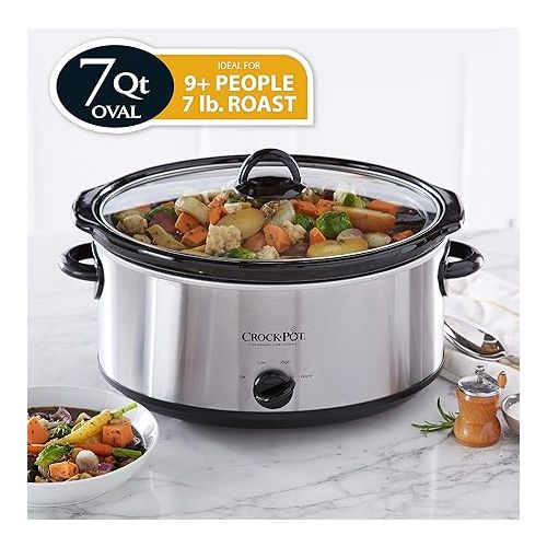 크록팟 Crock-Pot 7 Quart Oval Manual Slow Cooker, Stainless Steel (SCV700-S-BR), Versatile Cookware for Large Families or Entertaining