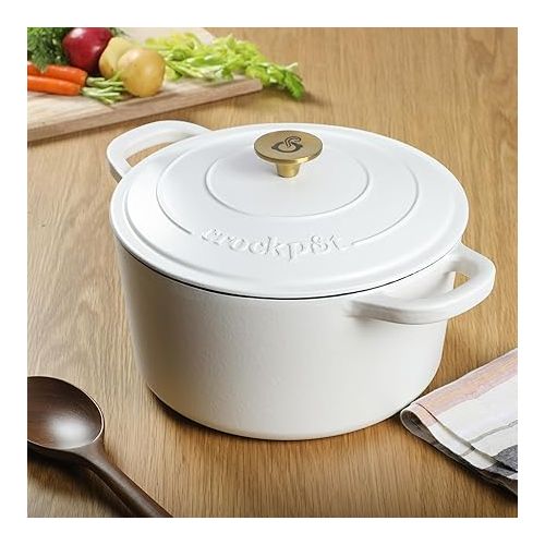 크록팟 Crock Pot Artisan 7-Quart Round Dutch Oven - Matte Linen White w/Gold Knob