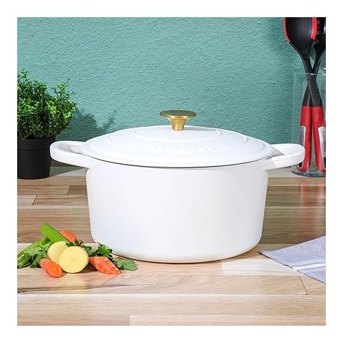 크록팟 Crock Pot Artisan 7-Quart Round Dutch Oven - Matte Linen White w/Gold Knob