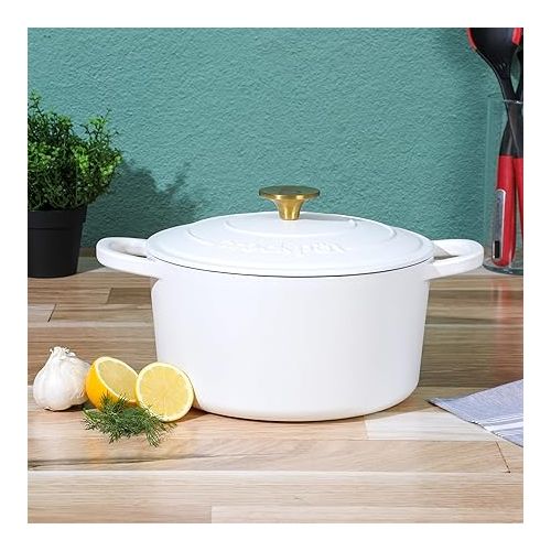 크록팟 Crock Pot Artisan 5-Quart Round Dutch Oven - Matte Linen White w/Gold Knob