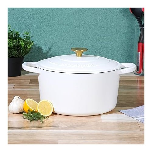 크록팟 Crock Pot Artisan 6-Quart Round Dutch Oven - Matte Linen White w/Gold Knob