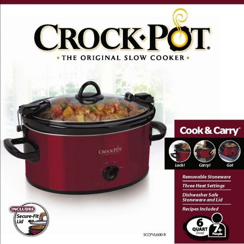 크록팟 Crock-Pot Premium Crock Pot Slow Cooker with Easy Recipes 6 Quart Crockpot Manual Red Portable Timer Model