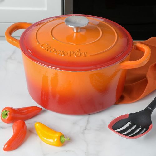  Crock Pot 109469.02 Artisan 5 Quart Round Enameled Cast Iron Dutch Oven, Sunset Orange