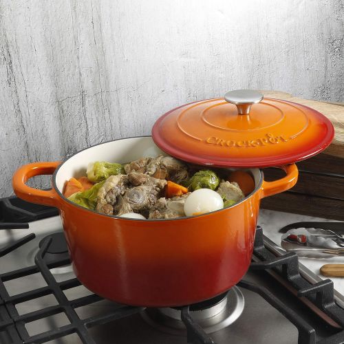  Crock Pot 109469.02 Artisan 5 Quart Round Enameled Cast Iron Dutch Oven, Sunset Orange