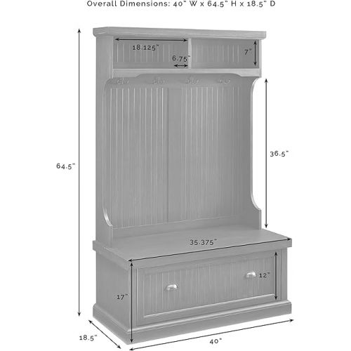 크로슬리 Crosley Furniture Seaside Hall Tree, Entryway Bench with Coat Rack and Shoe Cabinet, Distressed White