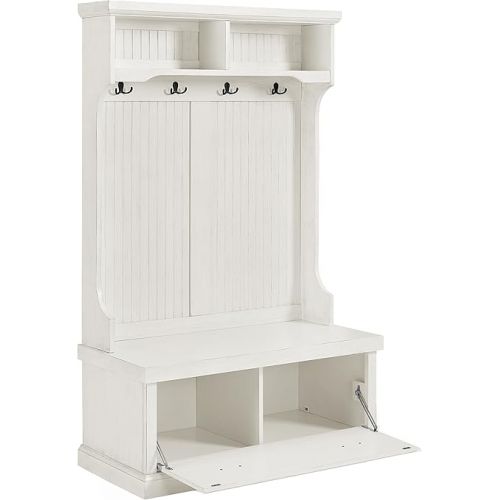 크로슬리 Crosley Furniture Seaside Hall Tree, Entryway Bench with Coat Rack and Shoe Cabinet, Distressed White