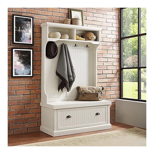 크로슬리 Crosley Furniture Seaside Hall Tree, Entryway Bench with Coat Rack and Shoe Cabinet, Distressed White